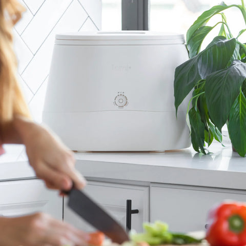 A white countertop appliance with a small circular control dial sits on a kitchen counter, with a person's hands and arm holding a knife in the foreground and a green plant to the right.
