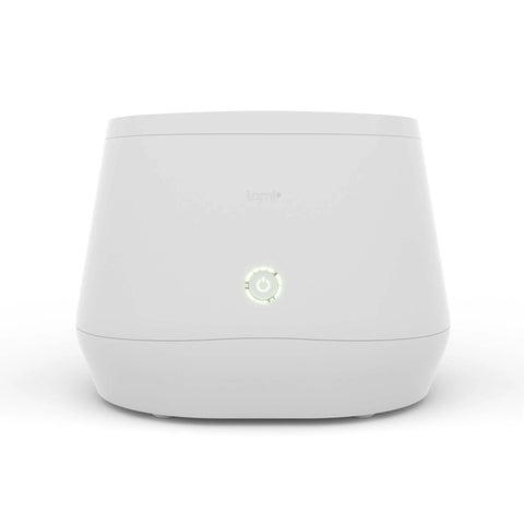 A white, electronic device with a glowing green power button, shown from the front on a clean white background.