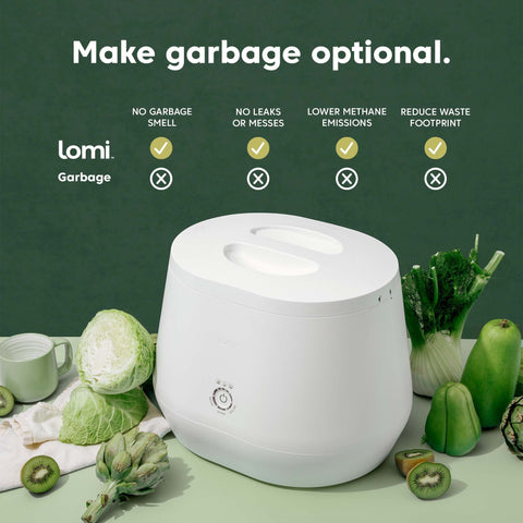 A white Lomi garbage disposal machine is shown on a light green surface with vegetables around it, against a dark green background with marketing text about making garbage optional.