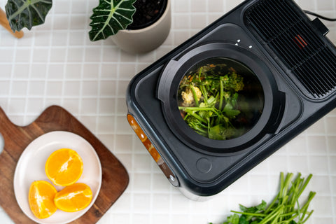 Top-down view of a circular black electric composter chamber with a metal blade and, in a table with fruit and plants